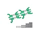 Four green anodized aluminium RC suspension arms with silver metal shafts, accompanied by screws, washers, and pins on a white background.