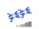Four blue anodized aluminium RC suspension arms with silver metal shafts, accompanied by screws, washers, and pins on a white background.