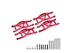 A set of four red anodized aluminium lower suspension arms for a Traxxas Maxx RC car, including mounting screws, washers, and hinge pins.