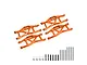 A set of four orange anodized aluminium suspension arms for Traxxas Maxx, including mounting hardware, screws, and pins on a white background.