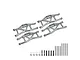 A set of four grey aluminium lower suspension arms for a Traxxas Maxx RC car, including mounting screws, pins, and washers on a white background.