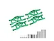 A set of four green anodized aluminium lower suspension arms for Traxxas Maxx RC cars, including mounting hardware, pins, and screws on a white background.