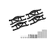 A set of four black aluminium lower suspension arms for a Traxxas Maxx RC car, including mounting hardware, screws, and hinge pins on a white background.