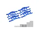 A set of four blue anodized aluminium suspension arms for Traxxas Maxx, including mounting hardware, pins, and screws on a white background.