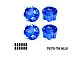 Four blue anodized aluminium 17mm serrated wheel nuts with GPM Racing branding, plus small grub screws, isolated on a white background.