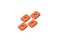 Four orange anodized aluminium rectangular differential gear spacers arranged on a white background.