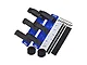 GPM Racing blue aluminium battery hold-down set including plates, velcro straps, screws, drill bit, and adhesive strips.