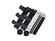 GPM Racing black aluminium battery hold-down set including plates, velcro straps, screws, adhesive tape, and a drill bit.