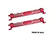 Two red anodized aluminium battery hold-down bars by GPM Racing for RC vehicles, featuring machined silver accents and GPM branding.