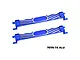 Two blue anodized aluminium battery hold-down bars for RC cars, featuring GPM Racing branding and silver machined accents.