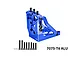 A blue anodized aluminium GPM Racing quick release motor mount for RC cars, shown with included black screws and washers on a white background.