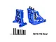 GPM Racing blue anodized aluminium motor mount set for RC vehicles, including mounting hardware and screws on a white background.