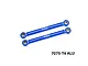 Two blue anodized aluminium steering toe links from GPM Racing with silver metal pivot balls at each end, set against a white background.