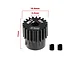 A black GPM Racing 20T 0.5 module pinion gear with dimension annotations and two grub screws on a white background.