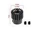 A black GPM Racing 20T 0.5 module pinion gear with dimension annotations and two grub screws on a white background.