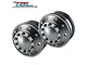Two grey silver aluminium 10-hole front rims for 1/14 scale RC trucks, featuring a central hub cap and hex bolts.