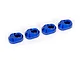 Four blue anodized aluminium suspension pin retainers for Traxxas RC vehicles arranged in a row on a white background.