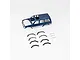 A blue painted RC car body shell for a Toyota Land Cruiser LC80, shown with separate black plastic wheel arch flares and small mounting screws on a white background.