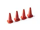 Four small red plastic traffic cones arranged in a row against a white background.