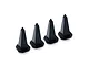 A set of four small black plastic traffic cones for RC scale models, arranged in a row on a white background.