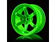 A single bright green MST TE37 style RC car wheel rim with a six-spoke design against a black background.