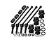 GPM Racing black carbon steel CVD driveshafts, aluminium wheel hexes, nuts, and small hardware components on a white background.