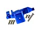 A blue anodized aluminium lower spur gear case cover by GPM Racing with six included mounting screws on a white background.