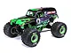 Losi LMT 2.0 Grave Digger RC monster truck featuring a black and green flame body, skull graphics, and large BKT tires on a white background.