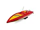 A red and yellow Pro Boat Sonicwake V3 36-inch RC speed boat viewed from a high angle against a white background.