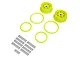 Two yellow RC beadlock rims, four yellow beadlock rings, and a set of black mounting screws arranged on a white background.