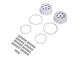 Pro-Line 3.1 inch white beadlock RC rims with matching rings and a set of black mounting screws on a white background.