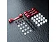 MST red aluminium suspension arm mount set including four metal mounts, screws, plastic spacers, and bushings on a dark textured surface.