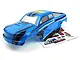 A blue and black pre-painted RC truck body shell for the BlackZon Slyder MT Turbo, shown with an included decal sheet on a white background.
