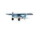 A studio shot of the FMS Maule 1.5m RC plane in blue and white livery, featuring high-wing design, landing gear, and visible navigation lights.