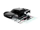 A black Rovan 1/5 scale 5SC short course RC truck body shell with a decal sheet and body clips on a white background.