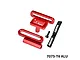 GPM red aluminium battery hold-down retainer and strap set with mounting screw against a white background.