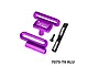 Purple anodized aluminium battery retainers, mounting screw, black strap, and text overlay on white background.