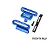 GPM blue aluminium battery hold-down retainer and strap set with black strap, screw, and 7075-T6 ALU text on a white background.