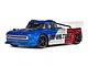 ARRMA Infraction 223S RC drift truck in blue, white, and red livery with black wheels on a white background.