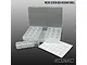 CowRC micro screw storage box with multiple small compartments and a sheet of blank label stickers against a gradient background.