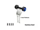 GPM stainless steel RC wheelie bar with blue aluminum wheels and four screws against a white background.
