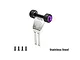 GPM stainless steel wheelie bar with purple aluminum wheels and mounting screws on a white background.