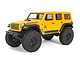 Axial SCX24 2019 Jeep Wrangler JLU CRC RC rock crawler in yellow, studio shot against a white background.