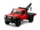 Red MN Model Toyota LC79 RC rock crawler with a black crane and flatbed on a white background.