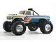 FMS Ford F-100 RS RC monster truck in beige and blue with retro stripes, viewed from the side against a white background.