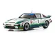 Studio product shot of Kyosho Mini-Z MR-04 Mazda Savanna RX-7 RC car in white and green race livery with number 7.