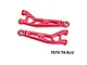 GPM aluminium front upper suspension arms in red featuring cutouts and installed metal bearings on a plain background.