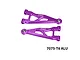 GPM aluminium front lower suspension arms in purple for RC cars, featuring machined cutouts and text markings against a plain background.