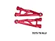 GPM aluminium front lower suspension arms in red, featuring metal construction and branded logos against a plain background.