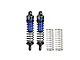 GPM Aluminium 74mm Rear Adjustable Shocks in blue and black, featuring two assembled shock absorbers and two spare springs against a white background.